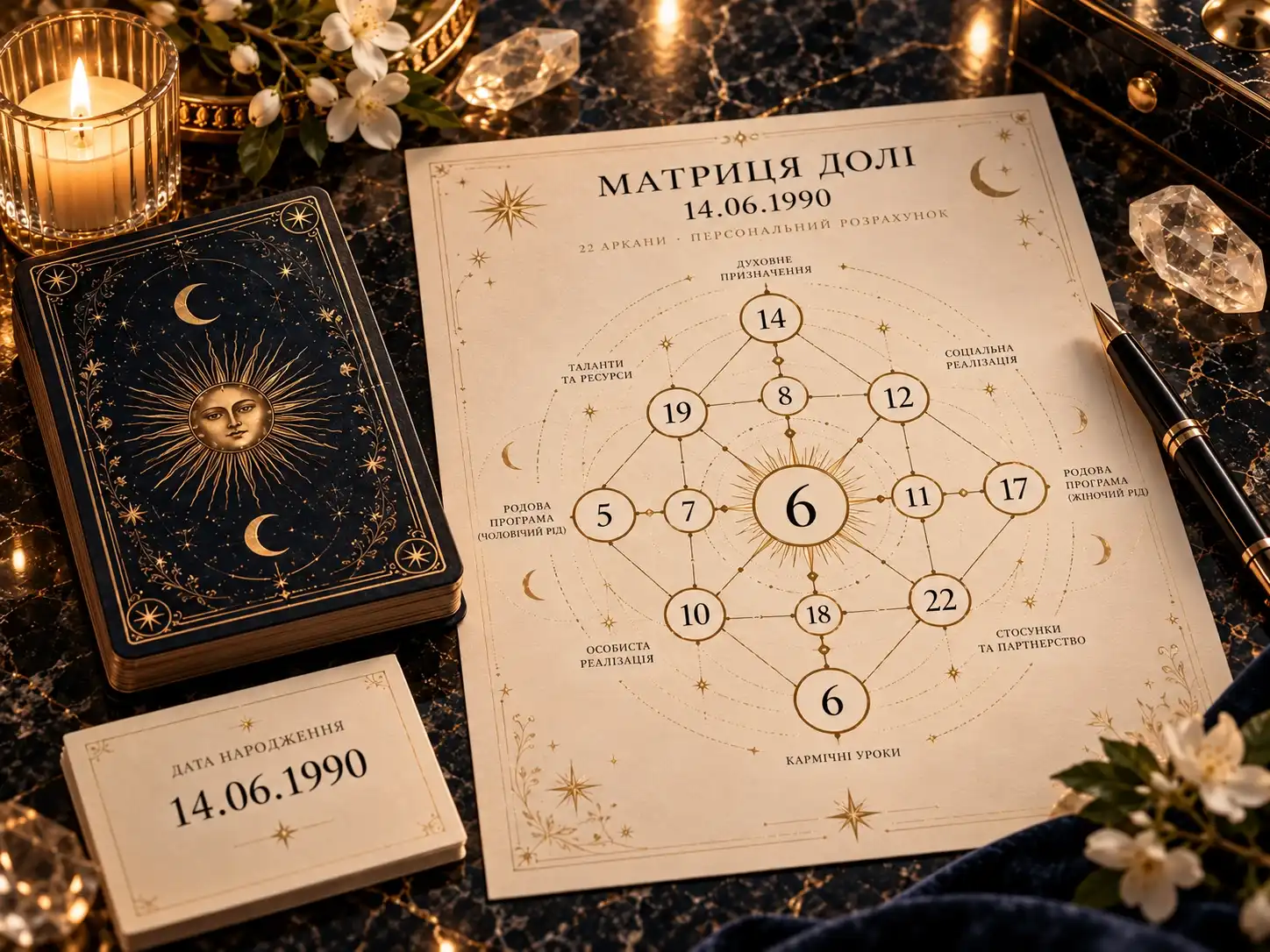 Матриця долі з розрахунком за прикладом дати 14.06.1990 на 22 аркани